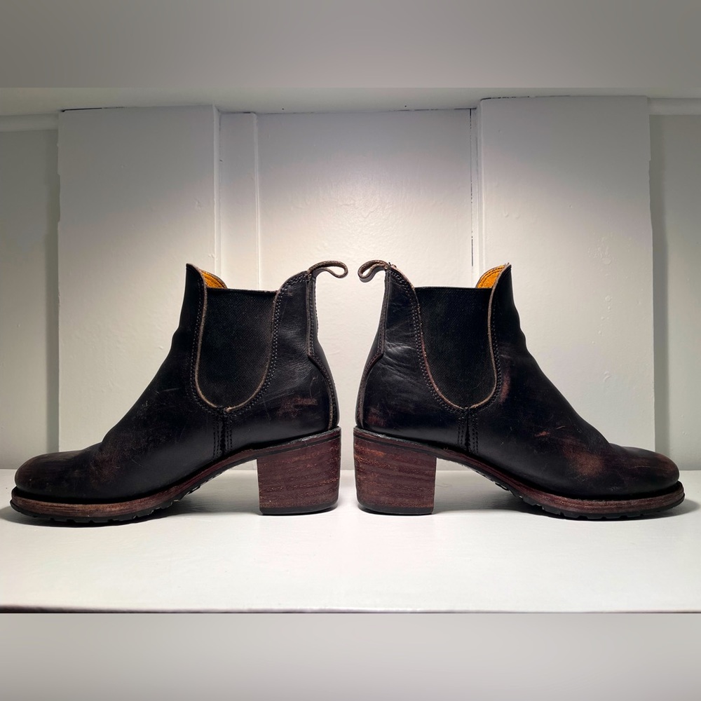 Distressed Black Leather Frye Sabrina Chelsea Ankle Booties